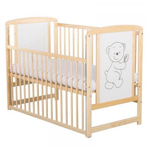 Patut din lemn bebe, 120x60 cm, Cu laterala culisanta, Din lemn de pin si mdf, Stabil si rezistent, Inaltime saltea reglabila pe 3 nivele, Laterala cu 3 bete detasabile, EN716-1, EN716-2, Natur, Babyn [1]