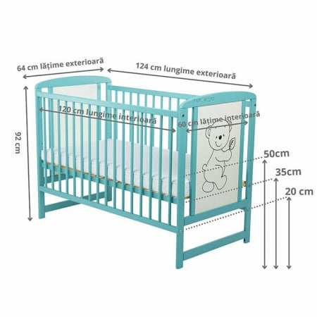 Patut din lemn bebe, 120x60 cm, Cu laterala culisanta, Din lemn de pin si mdf, Stabil si rezistent, Inaltime saltea reglabila pe 3 nivele, Laterala cu 3 bete detasabile, EN716-1, EN716-2, Mint, Babyne [8]