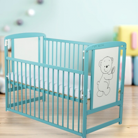 Patut din lemn bebe, 120x60 cm, Cu laterala culisanta, Din lemn de pin si mdf, Stabil si rezistent, Inaltime saltea reglabila pe 3 nivele, Laterala cu 3 bete detasabile, EN716-1, EN716-2, Mint, Babyne [3]