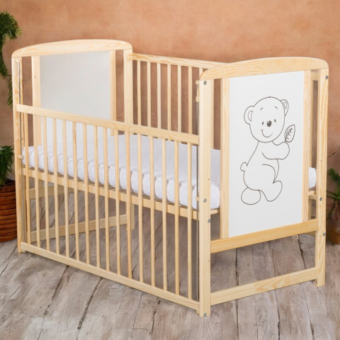 Patut din lemn bebe, 120x60 cm, Cu laterala culisanta, Din lemn de pin si mdf, Stabil si rezistent, Inaltime saltea reglabila pe 3 nivele, Laterala cu 3 bete detasabile, EN716-1, EN716-2, Natur, Babyn [5]