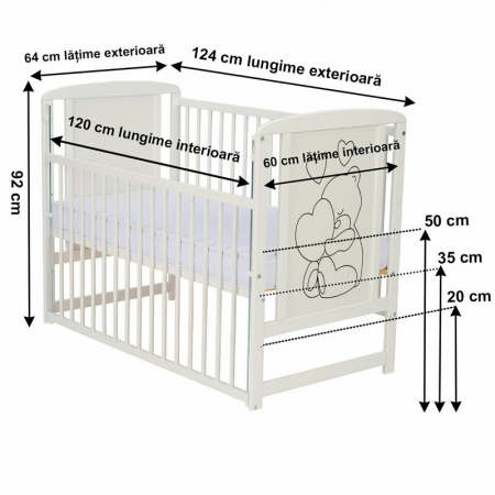 Patut din lemn bebe, 120x60 cm, Cu laterala culisanta, Din lemn de pin si mdf, Stabil si rezistent, Inaltime saltea reglabila pe 3 nivele, Laterala cu 3 bete detasabile, EN716-1, EN716-2, Alb, Qmini,  [5]