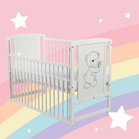 Patut din lemn bebe, 120x60 cm, Cu laterala culisanta, Din lemn de pin si mdf, Stabil si rezistent, Inaltime saltea reglabila pe 3 nivele, Laterala cu 3 bete detasabile, EN716-1, EN716-2, Alb, Babynee [5]