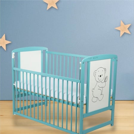 Patut din lemn bebe, 120x60 cm, Cu laterala culisanta, Din lemn de pin si mdf, Stabil si rezistent, Inaltime saltea reglabila pe 3 nivele, Laterala cu 3 bete detasabile, EN716-1, EN716-2, Mint, Babyne [2]