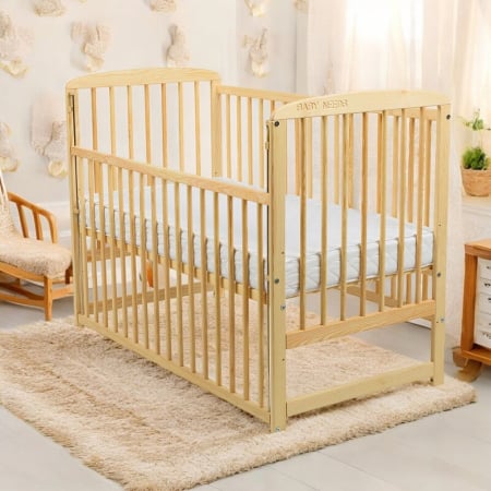 Patut din lemn bebe, 120x60 cm, Cu laterala culisanta, Din lemn de pin, Stabil si rezistent, Inaltime saltea reglabila pe 3 nivele, Laterala cu 3 bete detasabile, EN716-1, EN716-2, Natur, Babyneeds, O [2]