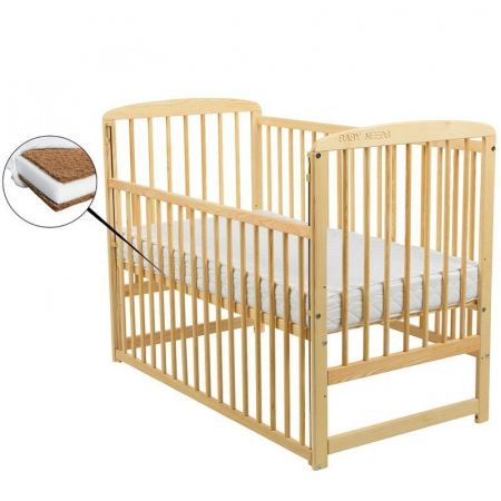 Mobilier si Lenjerie - Patut din lemn bebe, 120x60 cm, Cu laterala culisanta, Din lemn de pin, Stabil si rezistent, Inaltime saltea reglabila pe 3 nivele, Laterala cu 3 bete detasabile, EN716-1, EN716-2, Natur, Babyneeds, O