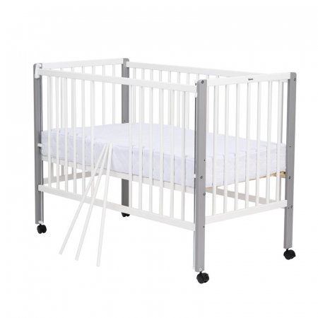 Patut din lemn bebe, 120x60 cm, Cu laterala culisanta, Din lemn de pin, Stabil si rezistent, Inaltime saltea reglabila pe 3 nivele, Laterala cu 3 bete detasabile, EN716-1, EN716-2, Alb, Qmini, Maya +  [2]