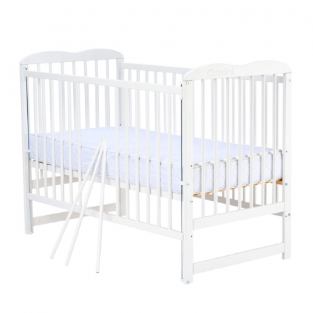 Patut din lemn bebe, 120x60 cm, Cu laterala culisanta, Din lemn de pin, Stabil si rezistent, Inaltime saltea reglabila pe 3 nivele, Laterala cu 3 bete detasabile, EN716-1, EN716-2, Alb, Qmini, Agata + [5]