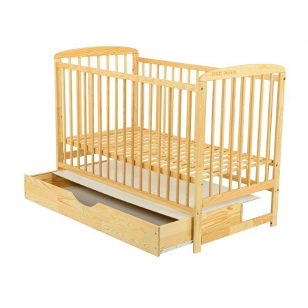 Patut din lemn bebe, 120x60 cm, Cu sertar cu capac, Din lemn de pin si mdf, Stabil si rezistent, Inaltime saltea reglabila pe 3 nivele, Laterala cu 3 bete detasabile, EN716-1, EN716-2, Natur, Babyneed [7]