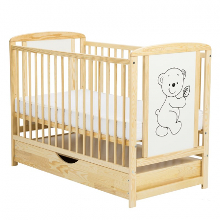 Mobilier si Lenjerie - Patut din lemn bebe, 120x60 cm, Cu sertar cu capac, Din lemn de pin si mdf, Stabil si rezistent, Inaltime saltea reglabila pe 3 nivele, Laterala cu 3 bete detasabile, EN716-1, EN716-2, Natur, Babyneed