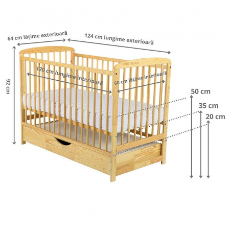Patut din lemn bebe, 120x60 cm, Cu sertar cu capac, Din lemn de pin si mdf, Stabil si rezistent, Inaltime saltea reglabila pe 3 nivele, Laterala cu 3 bete detasabile, EN716-1, EN716-2, Natur, Babyneed [3]