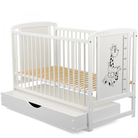 Patut din lemn bebe, 120x60 cm, Cu sertar cu capac, Din lemn de pin si mdf, Stabil si rezistent, Inaltime saltea reglabila pe 3 nivele, Laterala cu 3 bete detasabile, EN716-1, EN716-2, Alb, Babyneeds, [9]