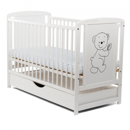 Mobilier si Lenjerie - Patut din lemn bebe, 120x60 cm, Cu sertar cu capac, Din lemn de pin si mdf, Stabil si rezistent, Inaltime saltea reglabila pe 3 nivele, Laterala cu 3 bete detasabile, EN716-1, EN716-2, Alb, Babyneeds,