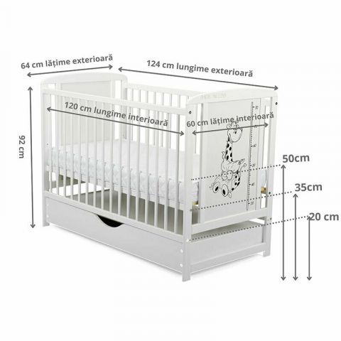 Patut din lemn bebe, 120x60 cm, Cu sertar cu capac, Din lemn de pin si mdf, Stabil si rezistent, Inaltime saltea reglabila pe 3 nivele, Laterala cu 3 bete detasabile, EN716-1, EN716-2, Alb, Babyneeds, [10]