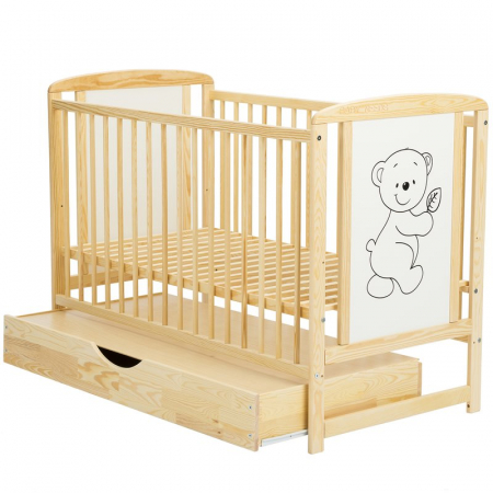 Patut din lemn bebe, 120x60 cm, Cu sertar cu capac, Din lemn de pin si mdf, Stabil si rezistent, Inaltime saltea reglabila pe 3 nivele, Laterala cu 3 bete detasabile, EN716-1, EN716-2, Natur, Babyneed [4]