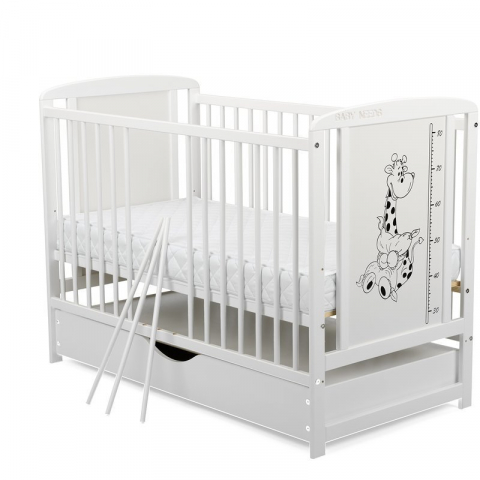 Patut din lemn bebe, 120x60 cm, Cu sertar cu capac, Din lemn de pin si mdf, Stabil si rezistent, Inaltime saltea reglabila pe 3 nivele, Laterala cu 3 bete detasabile, EN716-1, EN716-2, Alb, Babyneeds, [4]