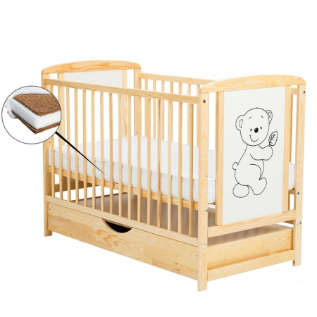 Mobilier si Lenjerie - Patut din lemn bebe, 120x60 cm, Cu sertar cu capac, Din lemn de pin si mdf, Stabil si rezistent, Inaltime saltea reglabila pe 3 nivele, Laterala cu 3 bete detasabile, EN716-1, EN716-2, Natur, Babyneed