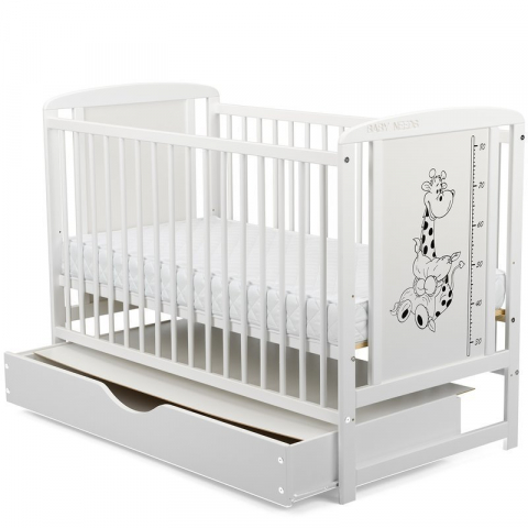 Patut din lemn bebe, 120x60 cm, Cu sertar cu capac, Din lemn de pin si mdf, Stabil si rezistent, Inaltime saltea reglabila pe 3 nivele, Laterala cu 3 bete detasabile, EN716-1, EN716-2, Alb, Babyneeds, [7]