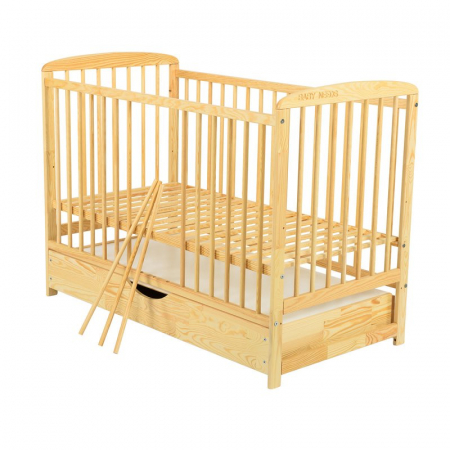 Patut din lemn bebe, 120x60 cm, Cu sertar cu capac, Din lemn de pin si mdf, Stabil si rezistent, Inaltime saltea reglabila pe 3 nivele, Laterala cu 3 bete detasabile, EN716-1, EN716-2, Natur, Babyneed [7]