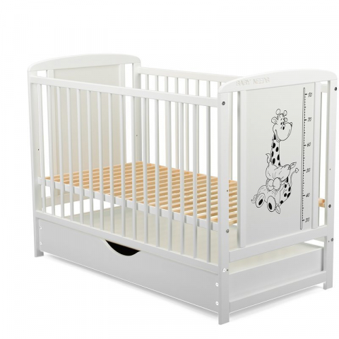 Patut din lemn bebe, 120x60 cm, Cu sertar cu capac, Din lemn de pin si mdf, Stabil si rezistent, Inaltime saltea reglabila pe 3 nivele, Laterala cu 3 bete detasabile, EN716-1, EN716-2, Alb, Babyneeds, [1]