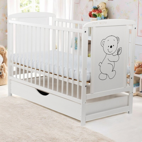 Patut din lemn bebe, 120x60 cm, Cu sertar cu capac, Din lemn de pin si mdf, Stabil si rezistent, Inaltime saltea reglabila pe 3 nivele, Laterala cu 3 bete detasabile, EN716-1, EN716-2, Alb, Babyneeds, [2]