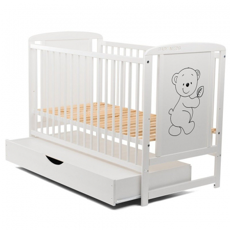Patut din lemn bebe, 120x60 cm, Cu sertar cu capac, Din lemn de pin si mdf, Stabil si rezistent, Inaltime saltea reglabila pe 3 nivele, Laterala cu 3 bete detasabile, EN716-1, EN716-2, Alb, Babyneeds, [7]