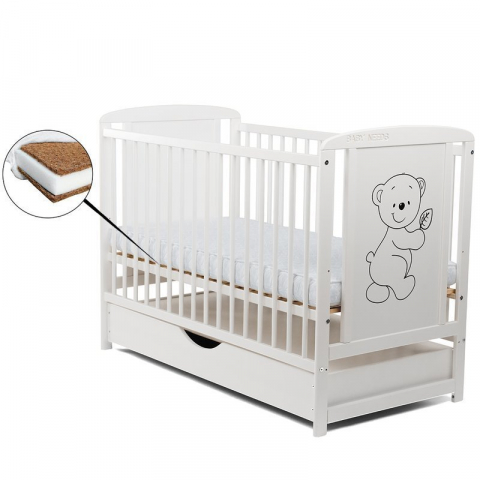 Mobilier si Lenjerie - Patut din lemn bebe, 120x60 cm, Cu sertar cu capac, Din lemn de pin si mdf, Stabil si rezistent, Inaltime saltea reglabila pe 3 nivele, Laterala cu 3 bete detasabile, EN716-1, EN716-2, Alb, Babyneeds,