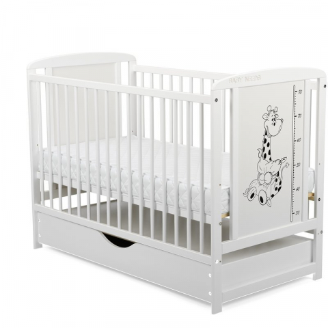 Patut din lemn bebe, 120x60 cm, Cu sertar cu capac, Din lemn de pin si mdf, Stabil si rezistent, Inaltime saltea reglabila pe 3 nivele, Laterala cu 3 bete detasabile, EN716-1, EN716-2, Alb, Babyneeds, [5]