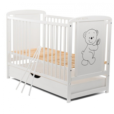 Patut din lemn bebe, 120x60 cm, Cu sertar cu capac, Din lemn de pin si mdf, Stabil si rezistent, Inaltime saltea reglabila pe 3 nivele, Laterala cu 3 bete detasabile, EN716-1, EN716-2, Alb, Babyneeds, [2]