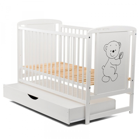 Patut din lemn bebe, 120x60 cm, Cu sertar cu capac, Din lemn de pin si mdf, Stabil si rezistent, Inaltime saltea reglabila pe 3 nivele, Laterala cu 3 bete detasabile, EN716-1, EN716-2, Alb, Babyneeds, [6]
