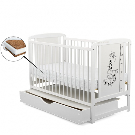 Mobilier si Lenjerie - Patut din lemn bebe, 120x60 cm, Cu sertar cu capac, Din lemn de pin si mdf, Stabil si rezistent, Inaltime saltea reglabila pe 3 nivele, Laterala cu 3 bete detasabile, EN716-1, EN716-2, Alb, Babyneeds,