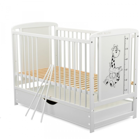Patut din lemn bebe, 120x60 cm, Cu sertar cu capac, Din lemn de pin si mdf, Stabil si rezistent, Inaltime saltea reglabila pe 3 nivele, Laterala cu 3 bete detasabile, EN716-1, EN716-2, Alb, Babyneeds, [3]