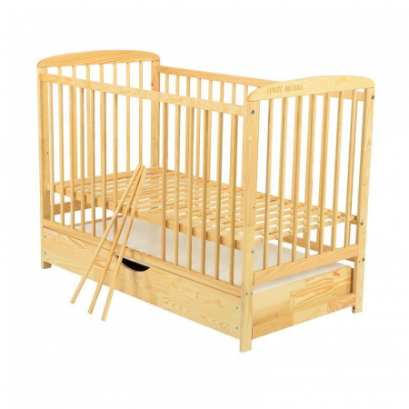 Patut din lemn bebe, 120x60 cm, Cu sertar cu capac, Din lemn de pin si mdf, Stabil si rezistent, Inaltime saltea reglabila pe 3 nivele, Laterala cu 3 bete detasabile, EN716-1, EN716-2, Natur, Babyneed [9]