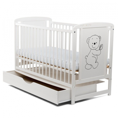 Patut din lemn bebe, 120x60 cm, Cu sertar cu capac, Din lemn de pin si mdf, Stabil si rezistent, Inaltime saltea reglabila pe 3 nivele, Laterala cu 3 bete detasabile, EN716-1, EN716-2, Alb, Babyneeds, [5]