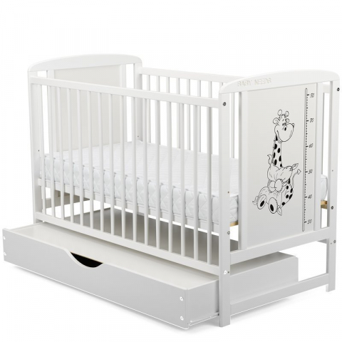 Patut din lemn bebe, 120x60 cm, Cu sertar cu capac, Din lemn de pin si mdf, Stabil si rezistent, Inaltime saltea reglabila pe 3 nivele, Laterala cu 3 bete detasabile, EN716-1, EN716-2, Alb, Babyneeds, [6]