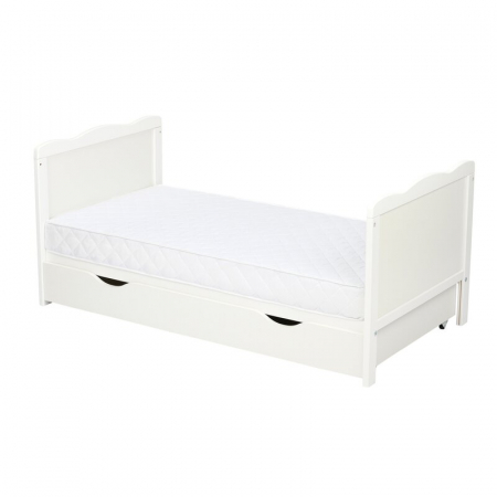 Patut din lemn bebe, 120x60 cm, Cu sertar, Cu sina speciala pentru dentitie, Multifunctional, EN716-1, EN716-2, Alb, Qmini, Julia + Saltea 10 cm [6]