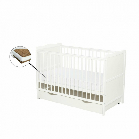Patut din lemn bebe, 120x60 cm, Cu sertar, Cu sina speciala pentru dentitie, Multifunctional, EN716-1, EN716-2, Alb, Qmini, Julia + Saltea 8 cm [2]