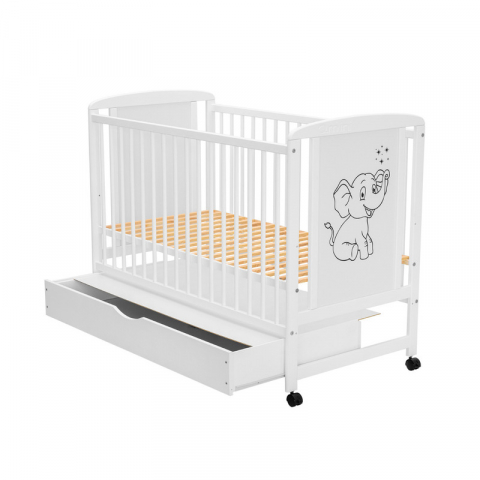 Patut din lemn bebe, 120x60 cm, Cu sertar, Din lemn de pin si mdf, Stabil si rezistent, Inaltime saltea reglabila pe 3 nivele, Laterala cu 3 bete detasabile, EN716-1, EN716-2, Alb, Qmini, Timmi Elepha [8]