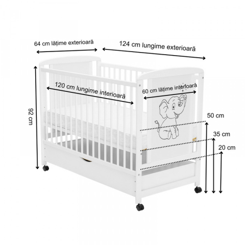 Patut din lemn bebe, 120x60 cm, Cu sertar, Din lemn de pin si mdf, Stabil si rezistent, Inaltime saltea reglabila pe 3 nivele, Laterala cu 3 bete detasabile, EN716-1, EN716-2, Alb, Qmini, Timmi Elepha [3]
