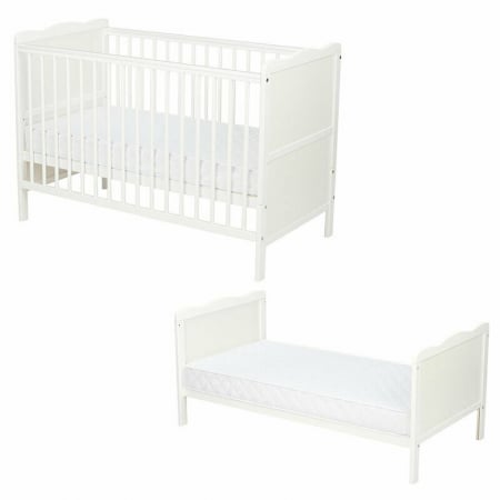 Patut din lemn bebe, 120x60 cm, Cu sina speciala pentru dentitie, Multifunctional, EN716-1, EN716-2, Alb, Qmini, Julia + Saltea 12 cm [1]