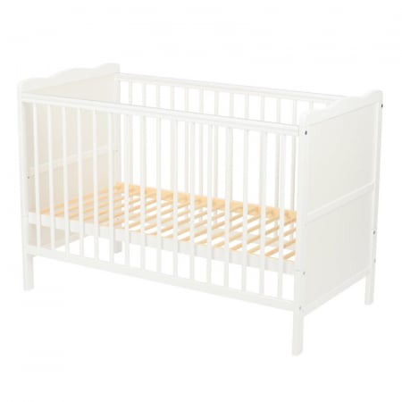 Patut din lemn bebe, 120x60 cm, Cu sina speciala pentru dentitie, Multifunctional, EN716-1, EN716-2, Alb, Qmini, Julia + Saltea 12 cm [8]