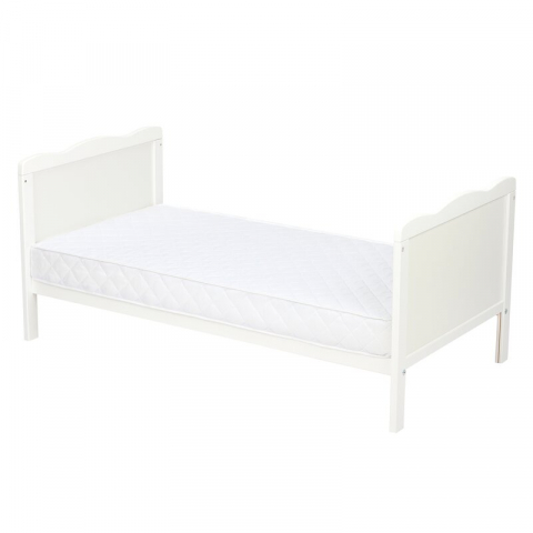 Patut din lemn bebe, 120x60 cm, Cu sina speciala pentru dentitie, Multifunctional, EN716-1, EN716-2, Alb, Qmini, Julia + Saltea 8 cm [9]