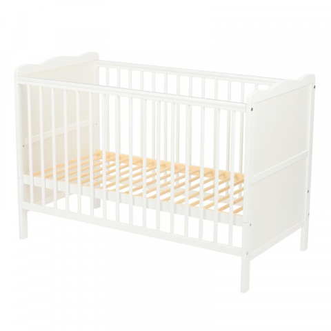 Patut din lemn bebe, 120x60 cm, Cu sina speciala pentru dentitie, Multifunctional, EN716-1, EN716-2, Alb, Qmini, Julia + Saltea 8 cm [7]