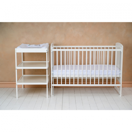 Patut din lemn bebe, 120x60 cm, Din lemn de pin si mdf, Stabil si rezistent, Inaltime saltea reglabila pe 3 nivele, Laterala cu 3 bete detasabile, EN716-1, EN716-2, Alb, Babyneeds, Timmi [10]