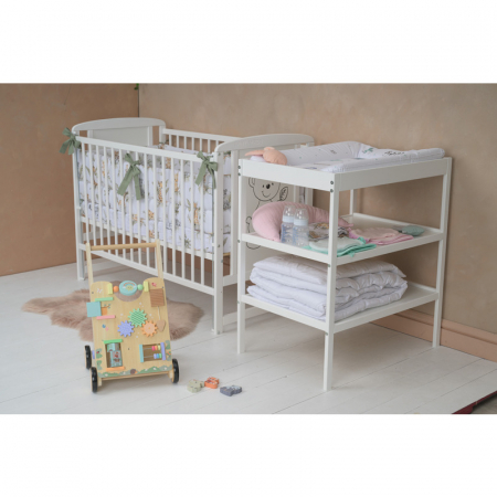 Patut din lemn bebe, 120x60 cm, Din lemn de pin si mdf, Stabil si rezistent, Inaltime saltea reglabila pe 3 nivele, Laterala cu 3 bete detasabile, EN716-1, EN716-2, Alb, Babyneeds, Timmi [6]