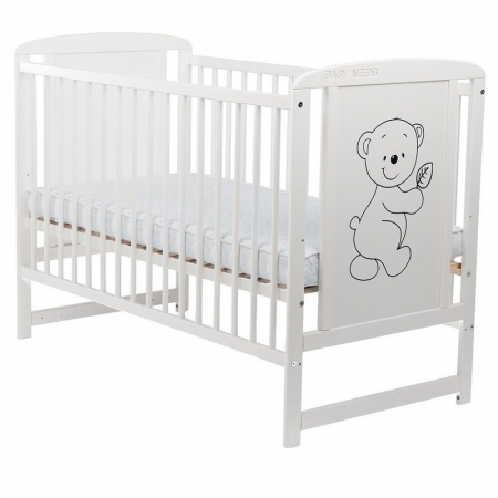 Patut din lemn bebe, 120x60 cm, Din lemn de pin si mdf, Stabil si rezistent, Inaltime saltea reglabila pe 3 nivele, Laterala cu 3 bete detasabile, EN716-1, EN716-2, Alb, Babyneeds, Timmi + Saltea 8 cm [1]
