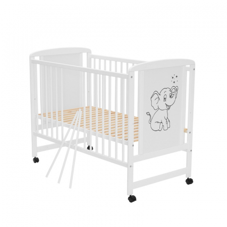 Patut din lemn bebe, 120x60 cm, Din lemn de pin si mdf, Stabil si rezistent, Inaltime saltea reglabila pe 3 nivele, Laterala cu 3 bete detasabile, EN716-1, EN716-2, Alb, Qmini, Timmi Elephant + Saltea [6]