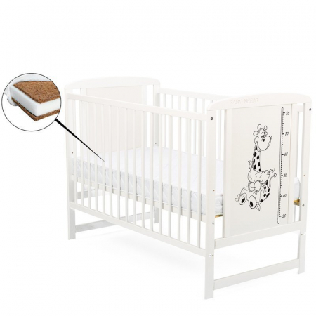Mobilier si Lenjerie - Patut din lemn bebe, 120x60 cm, Din lemn de pin si mdf, Stabil si rezistent, Inaltime saltea reglabila pe 3 nivele, Laterala cu 3 bete detasabile, EN716-1, EN716-2, Alb, Babyneeds, Timmi Girafa + Salt