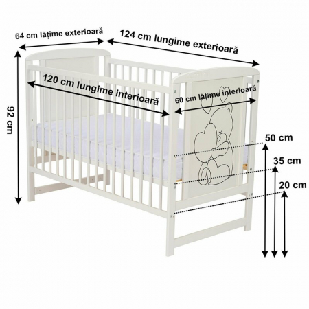 Patut din lemn bebe, 120x60 cm, Din lemn de pin si mdf, Stabil si rezistent, Inaltime saltea reglabila pe 3 nivele, Laterala cu 3 bete detasabile, EN716-1, EN716-2, Alb, Qmini, Timmi Heart [4]