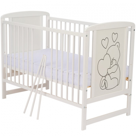 Patut din lemn bebe, 120x60 cm, Din lemn de pin si mdf, Stabil si rezistent, Inaltime saltea reglabila pe 3 nivele, Laterala cu 3 bete detasabile, EN716-1, EN716-2, Alb, Qmini, Timmi Heart [7]