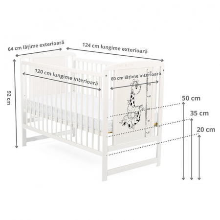 Patut din lemn bebe, 120x60 cm, Din lemn de pin si mdf, Stabil si rezistent, Inaltime saltea reglabila pe 3 nivele, Laterala cu 3 bete detasabile, EN716-1, EN716-2, Alb, Babyneeds, Timmi Girafa + Salt [4]